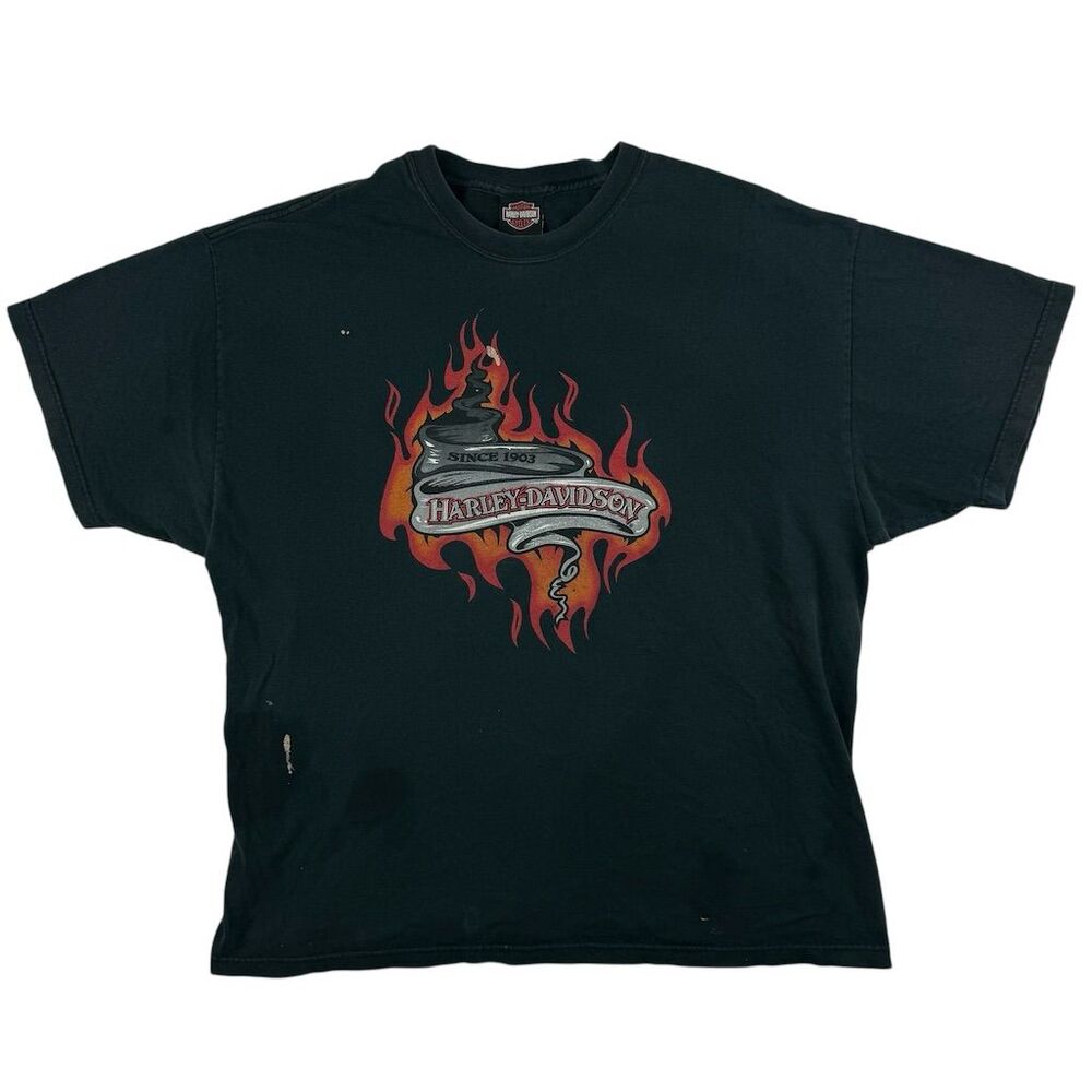 Vintage Harley Davidson Men's 2XL Black Graphic T-Shirt Flame Thrashed BeefyT